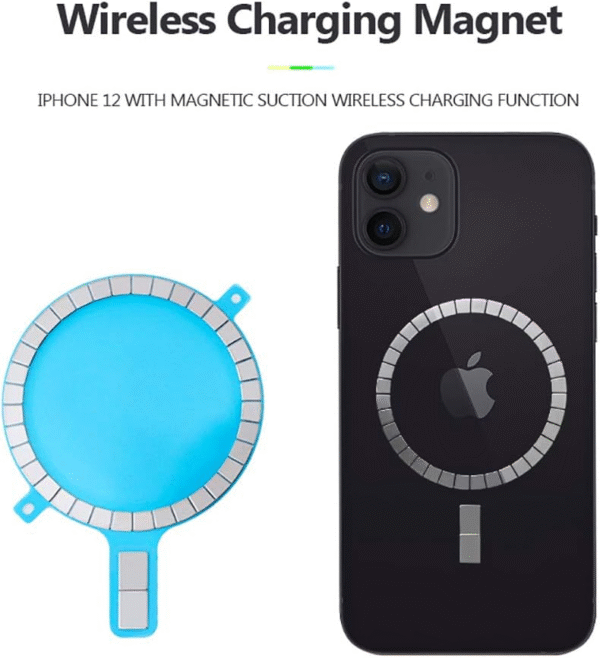 MagSafe ring in use for wireless charging on iPhone 12, demonstrating magnetic suction function