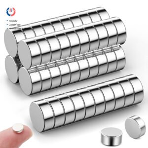 Stacked custom small disc rare-earth neodymium magnets in N35, N42, N52 grades, various diameters and thicknesses available