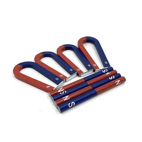 Set of educational AlNiCo magnets with U-shaped and bar designs, marked N/S poles for teaching