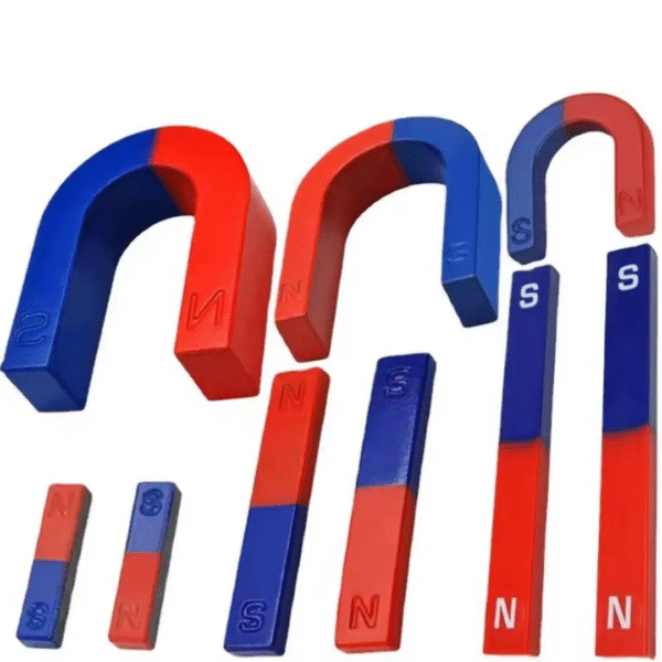 AlNiCo educational magnets with U-shape and bar designs, showing pole attraction/repulsion for teaching