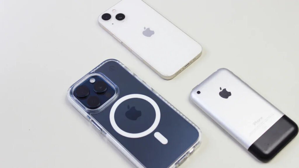 Three iPhones, including one with a clear case featuring a MagSafe magnet ring, demonstrating device compatibility