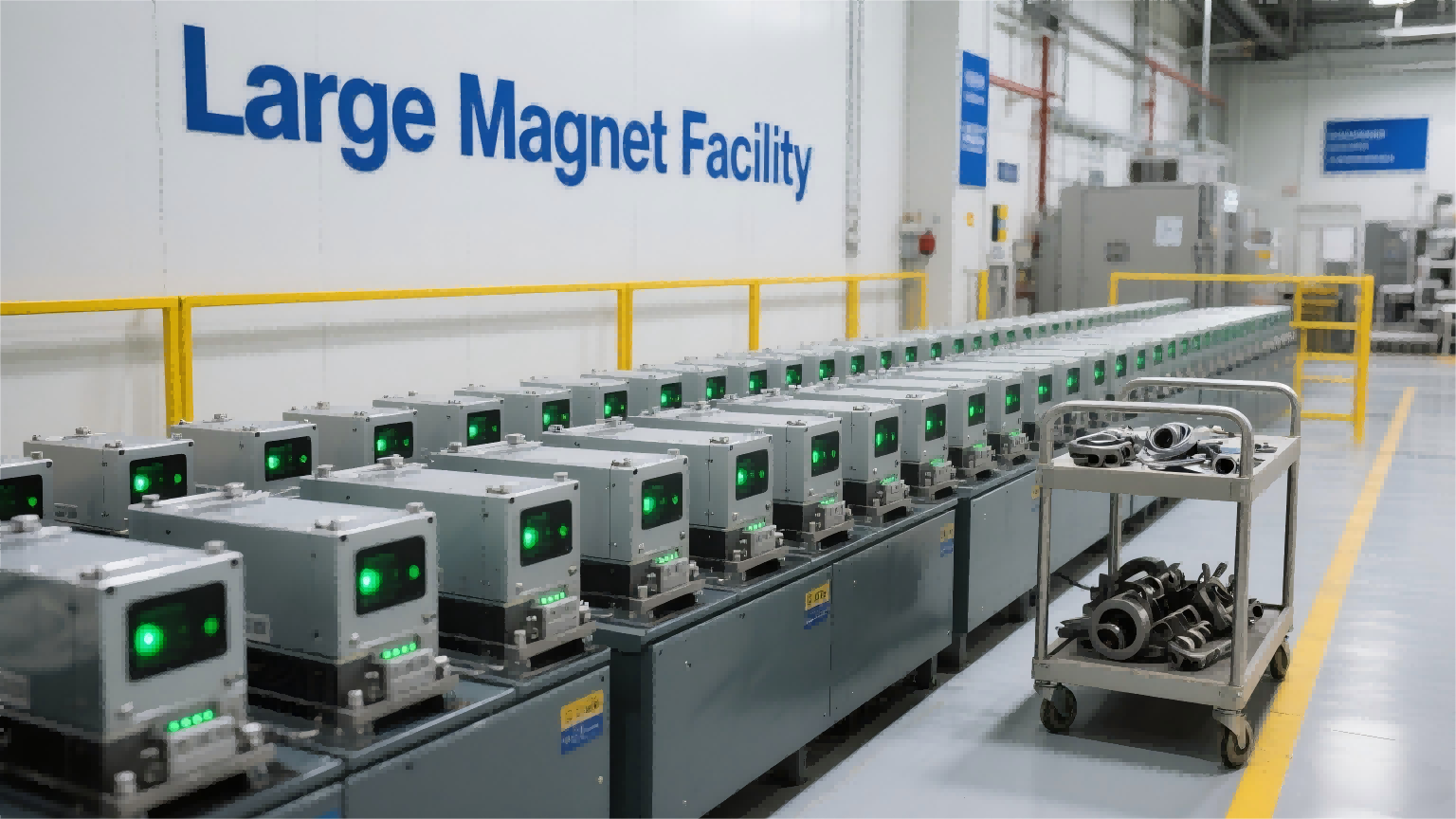 Rows of magnet - related equipment with green lights on, neatly arranged in a factory marked “Large Magnet Facility”, showing an advanced magnet production environment.