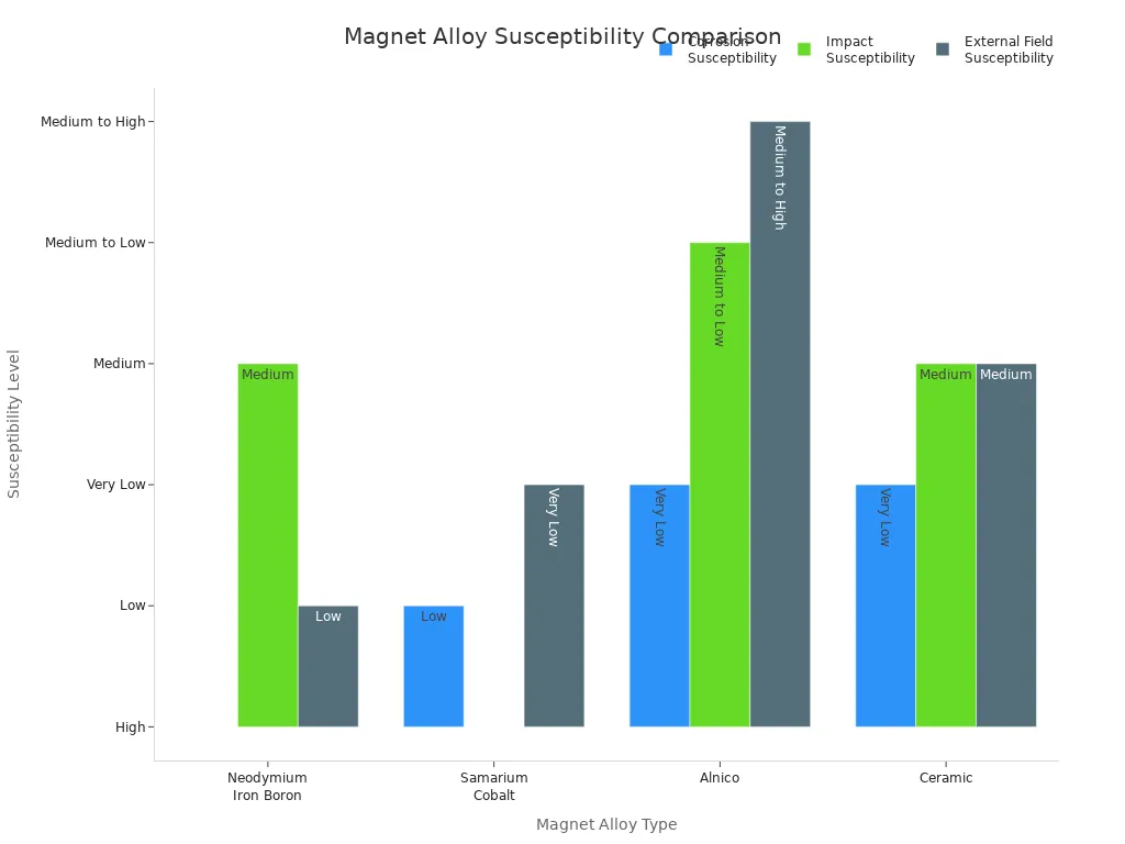 Grouped bar chart comparing corrosion, impact, and external field susceptibility for four magnet alloys