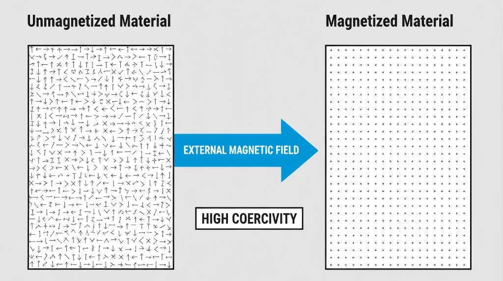 Scientific diagram illustrating the process of magnetization, showing magnetic domains moving from a disordered state (Unmagnetized Material) to an ordered, aligned state (Magnetized Material), highlighting High Coercivity.