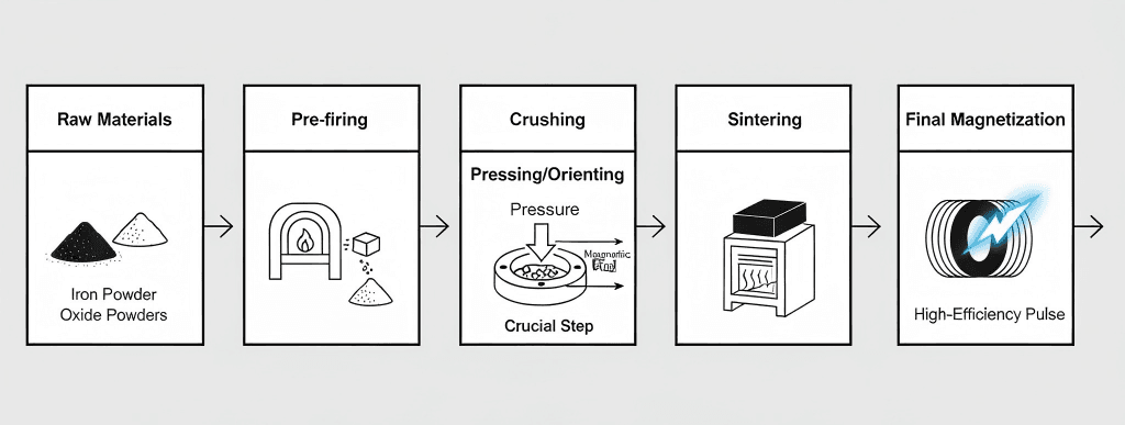 Flowchart detailing the five main standardized steps in manufacturing ferrite magnets: Raw Materials, Pre-firing, Crushing, Pressing/Orienting, Sintering, and Final Magnetization.